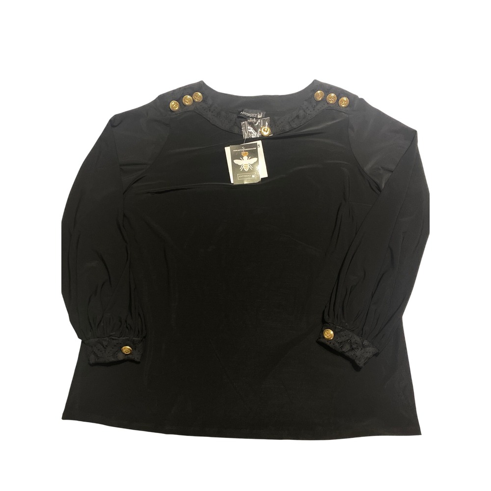 Antthony Original Black Lace Trim Gold Button Long Sleeve Blouse Women's 1X 
NWT